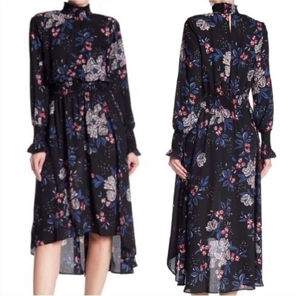 Nanette Lepore Floral Mock Neck Long Sleeve High Low Midi Dress - Picture 1 of 8